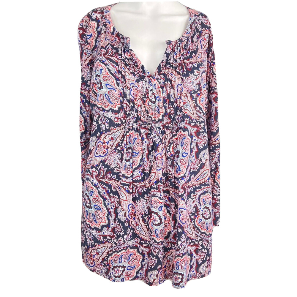 Talbots Shirt‎ Women Sz L Navy Blue Red Paisley Pleated Popover Blouse